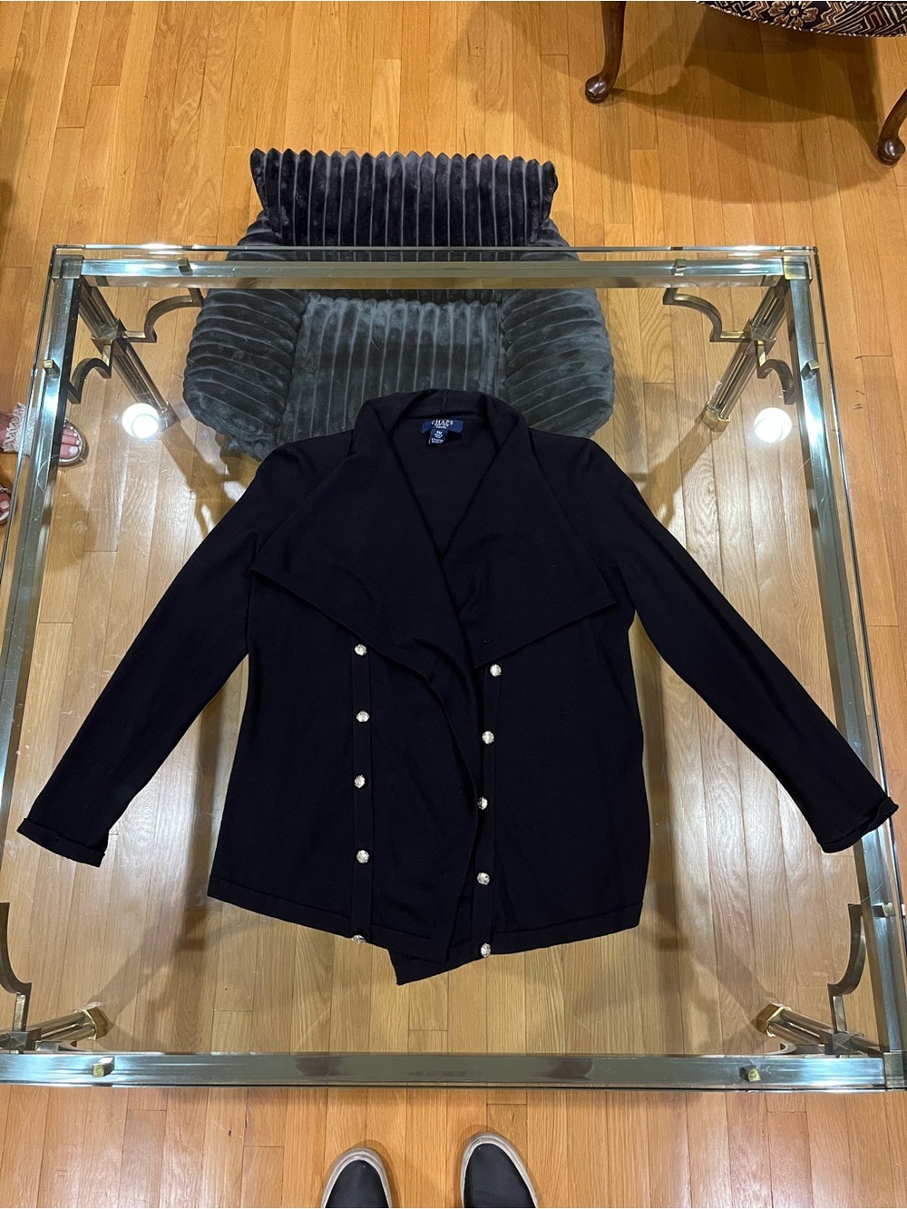 Chaps Black Draped Cardigan with Decorative Buttons